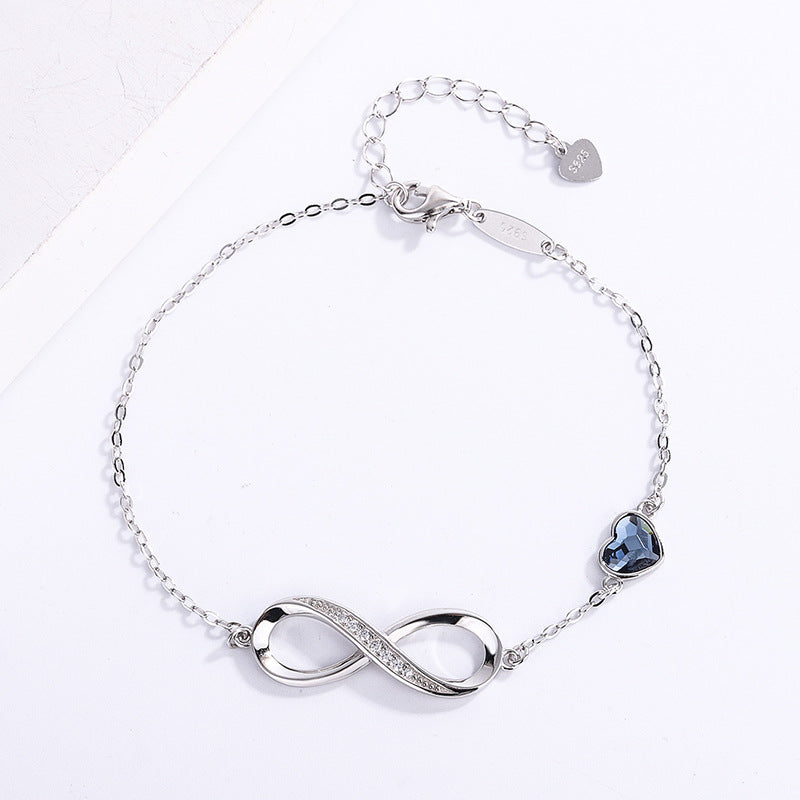 S925 Sterling Silver European and American Style 8 Character Infinity Bracelet Heart Shaped Crystal Stone Jewelry