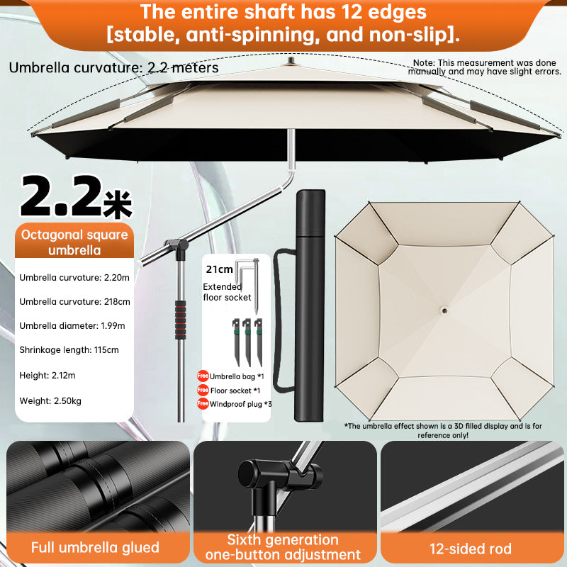 2.0-2.6m Octagonal Fishing Umbrella Portable Beach Sun Shade Camping Parasol UV Waterproof with Carry Bag