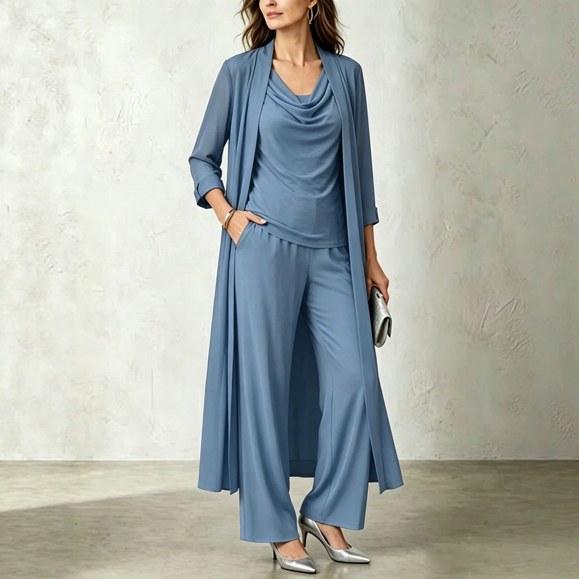 Long sleeved swing collar top long cardigan jacket long pants three piece set