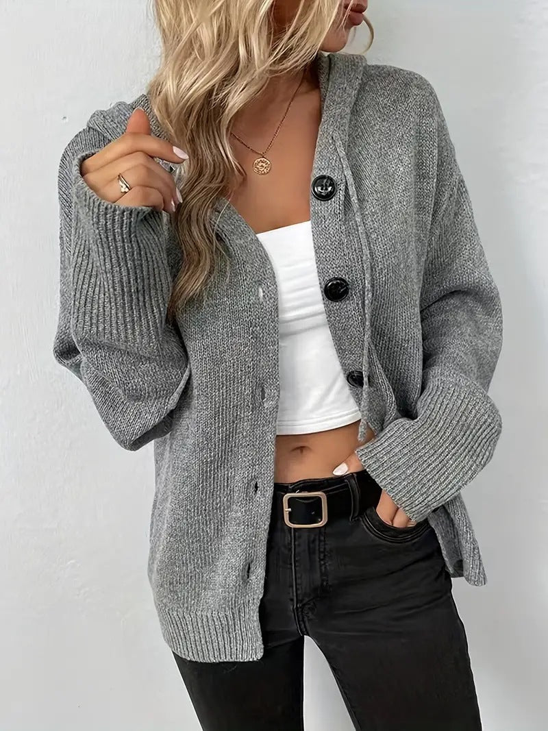 Solid color hooded single breasted sweater for women