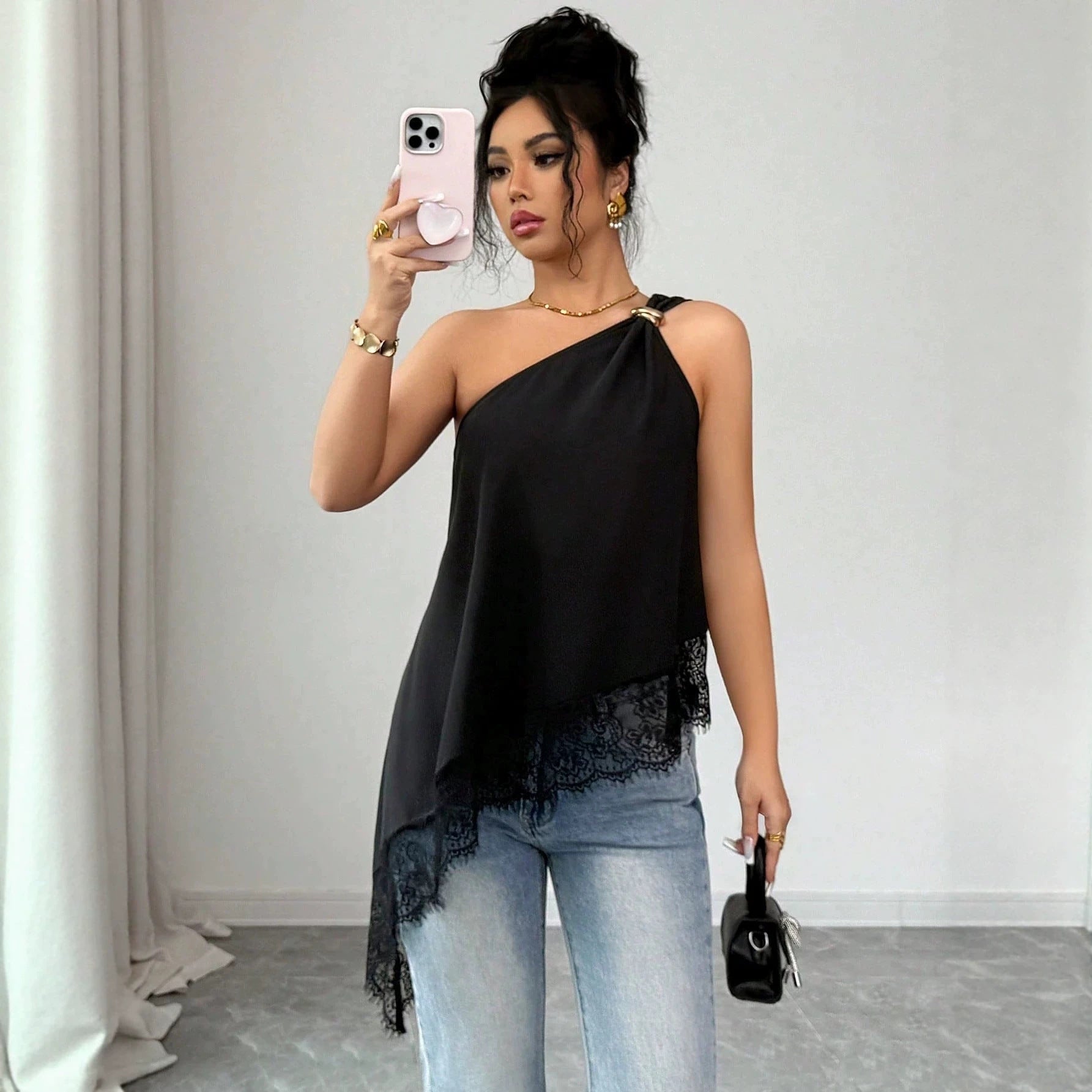Slanted shoulder metal buckle lace patchwork irregular loose vest for women