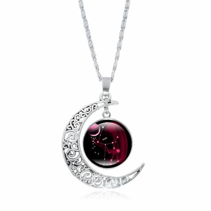 Zodiac Time Gem Luminous Necklace for Women, Simple Silver Moon Pendant Choker