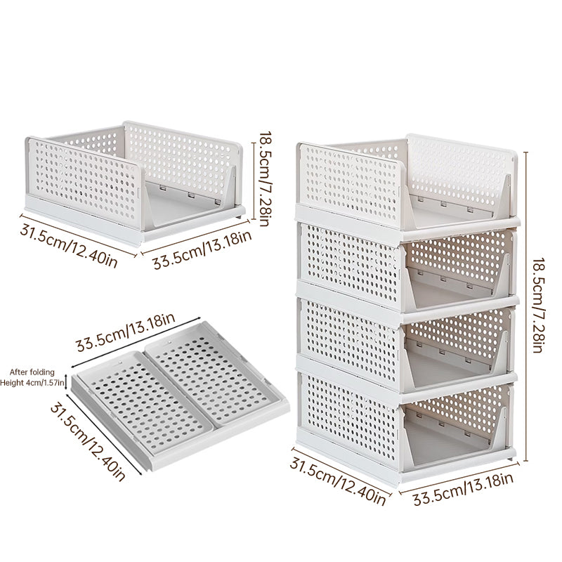 4 Pack Plastic Closet Organizer Bins, Stackable Foldable Storage Baskets with Slide-Out Rails for Clothes, Toys, T-Shirts