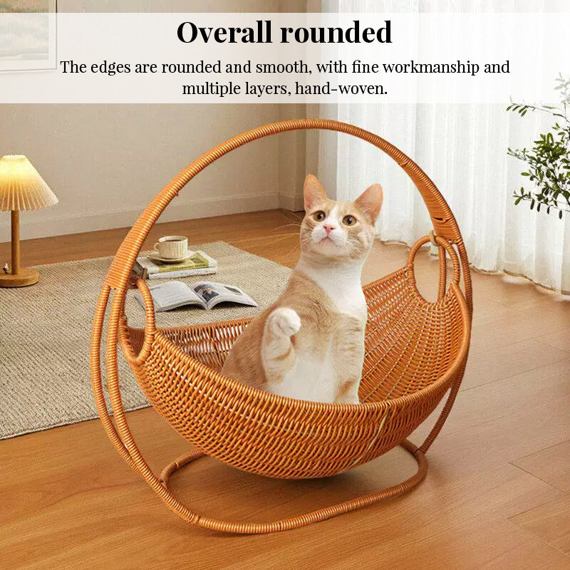 Rattan Cat Bed & House - Waterproof Wicker Cat Cave, Indoor Cat Hammock & Basket Set