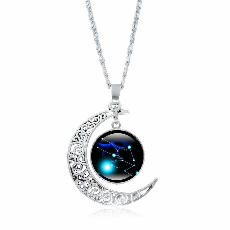 Zodiac Time Gem Luminous Necklace for Women, Simple Silver Moon Pendant Choker