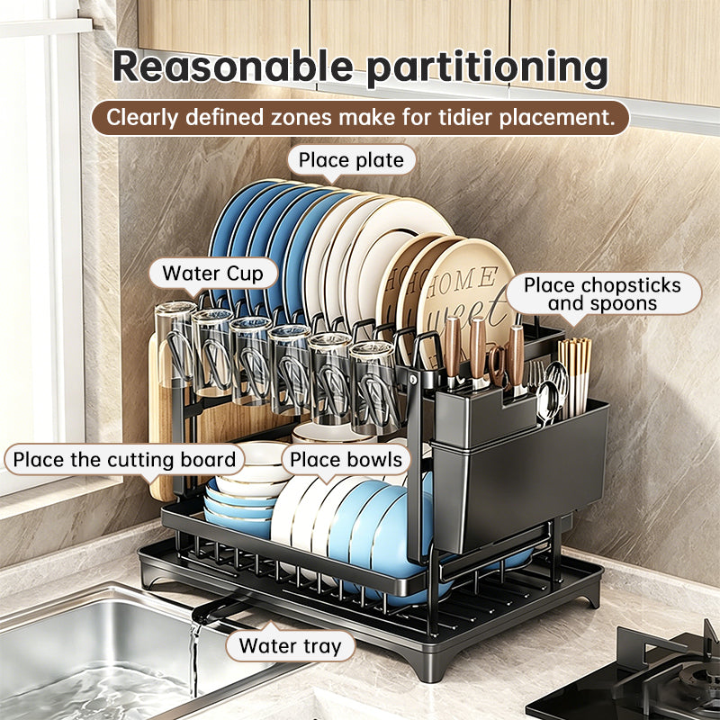 2-Tier Large Capacity Dish Drying Rack, Rustproof Carbon Steel Kitchen Sink Drainer with Cutting Board & Utensil Holder