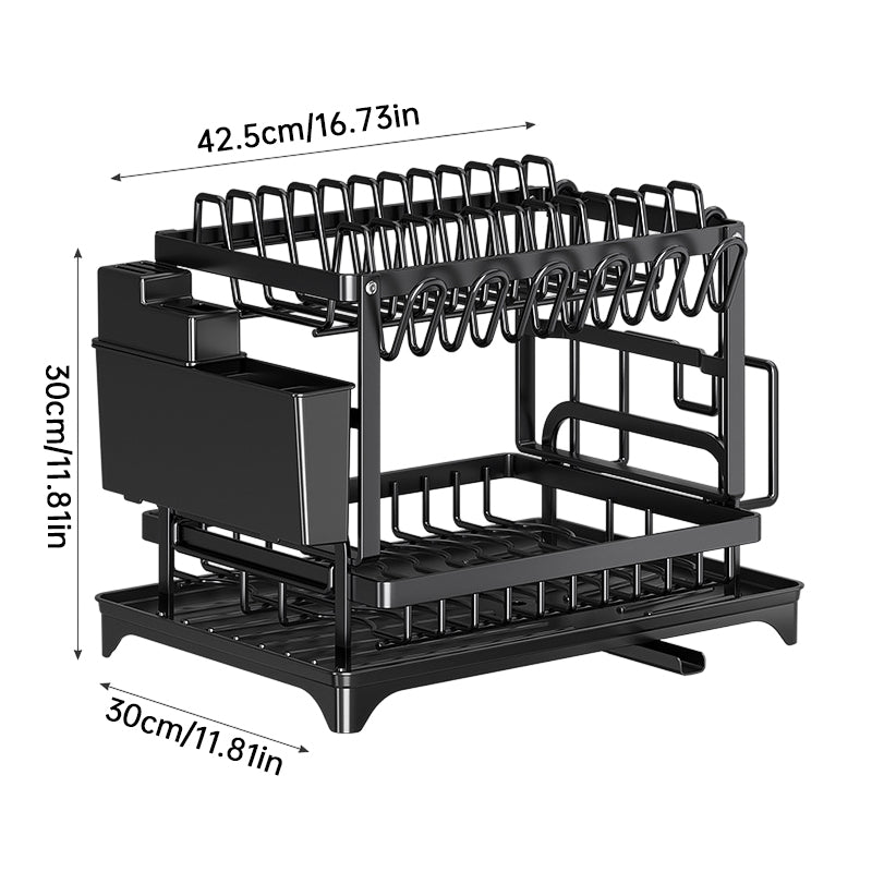 2-Tier Large Capacity Dish Drying Rack, Rustproof Carbon Steel Kitchen Sink Drainer with Cutting Board & Utensil Holder