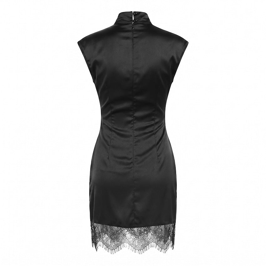 High neck lace patchwork slim fit sleeveless dress for women