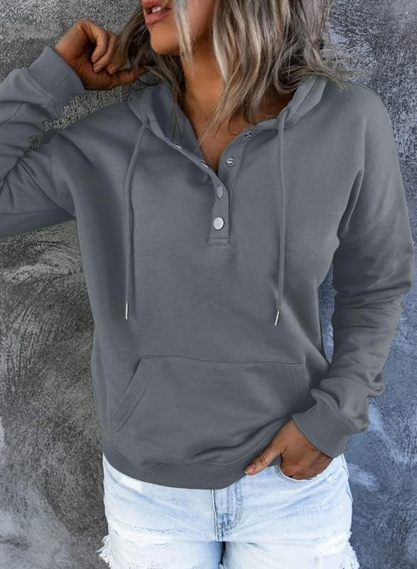 Dokotoo Hoodies for Women Button Collar Drawstring Sweatshirt Hooded Tops | Long Sleeve, Fleece Lined, Pullover Hoodie, Kangaroo Pocket, Fall Outfits Winter Clothes 2026, Casual Travel Workout Outdoor