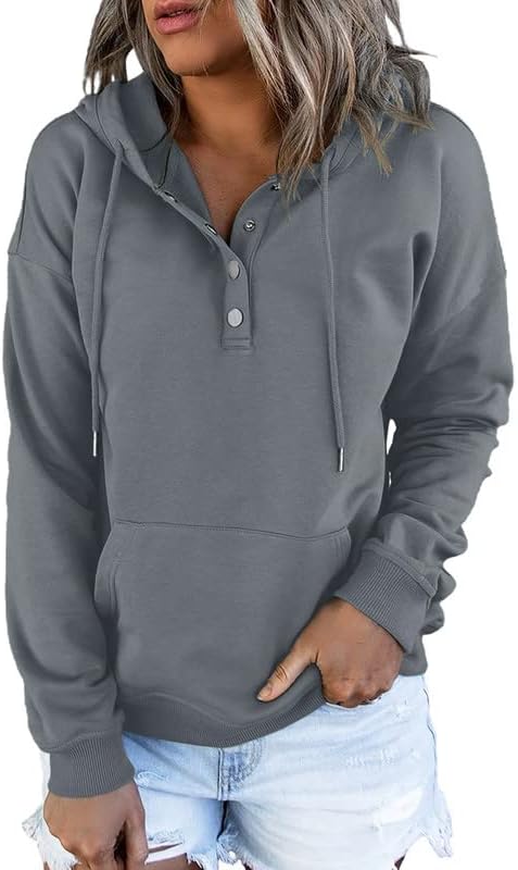 Dokotoo Hoodies for Women Button Collar Drawstring Sweatshirt Hooded Tops | Long Sleeve, Fleece Lined, Pullover Hoodie, Kangaroo Pocket, Fall Outfits Winter Clothes 2026, Casual Travel Workout Outdoor