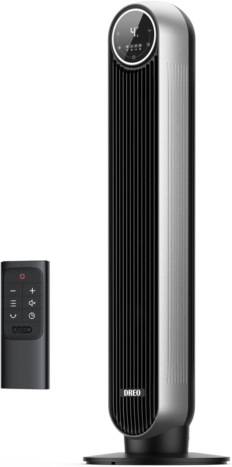 DREO Tower Fan for Bedroom, 28ft/s Velocity, 20dB Ultra Quiet, 8 Speeds | 2026 Upgraded DC Motor, 90° Oscillating, 4 Modes Standing Fan, Bladeless Fan for Indoors, Floor Fans with Remote, Black