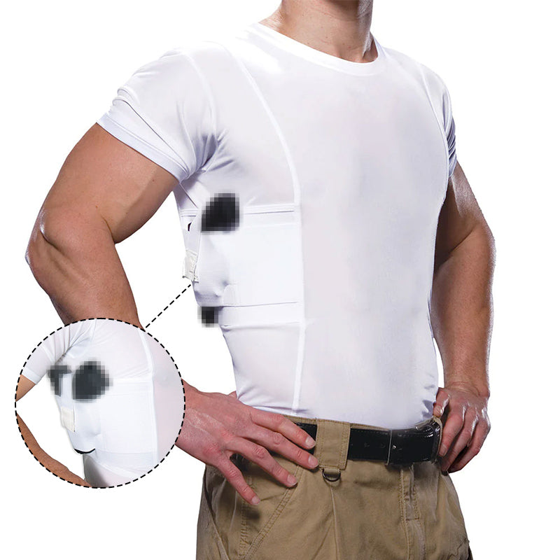 Men's Concealed Carry Holster Shirt - Short Sleeve Tactical Tee with Side Pistol Pockets, EDC Base Layer