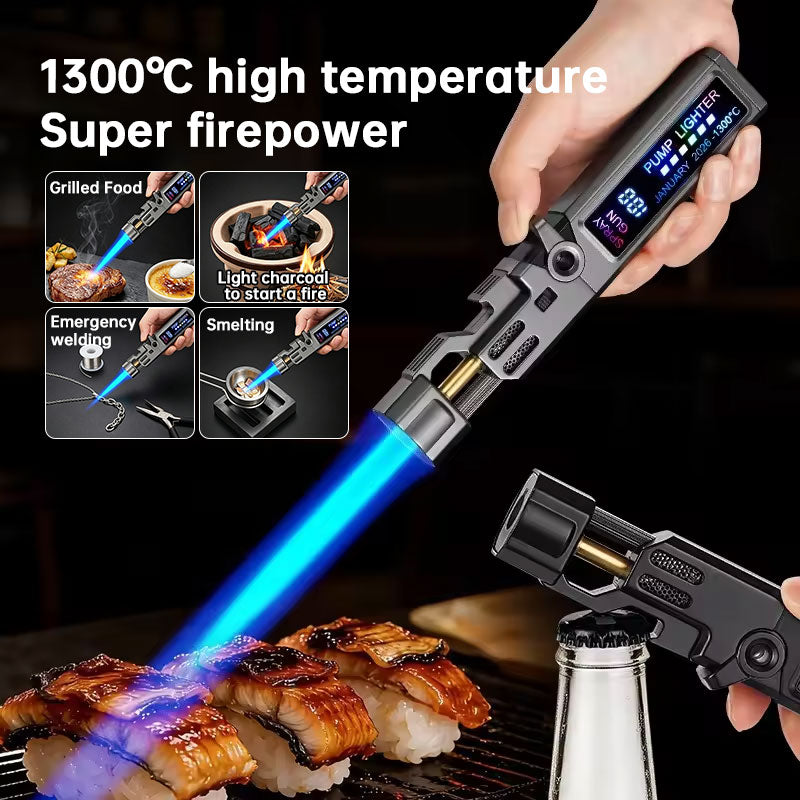 Windproof High‑Temperature High‑Power Outdoor Torch Lighter with LED Digital Display, Metal Body & Bottle Opener