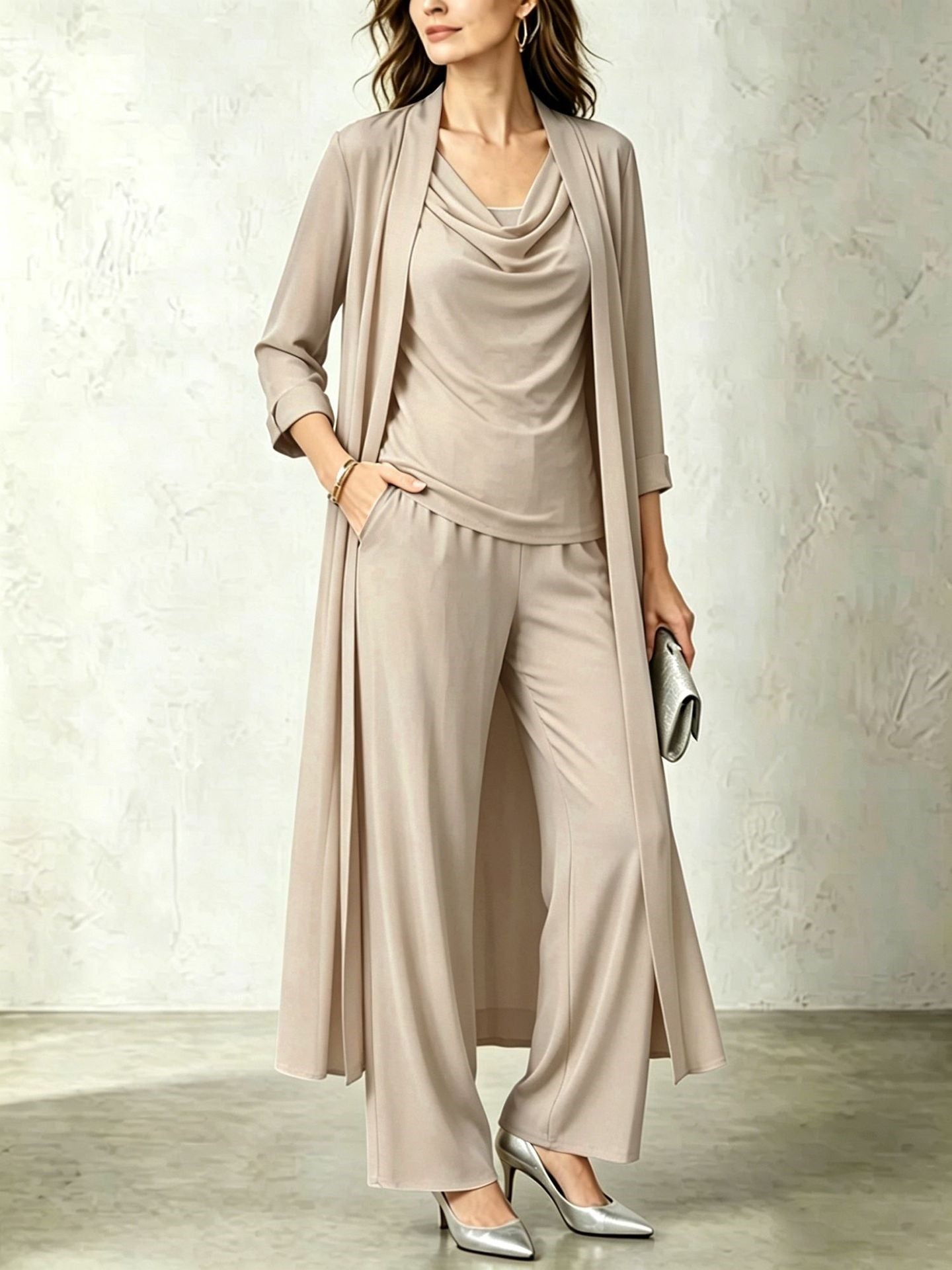 Long sleeved swing collar top long cardigan jacket long pants three piece set