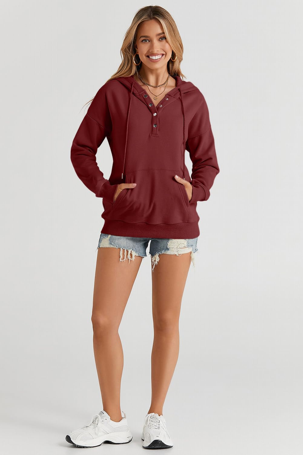 Dokotoo Hoodies for Women Button Collar Drawstring Sweatshirt Hooded Tops | Long Sleeve, Fleece Lined, Pullover Hoodie, Kangaroo Pocket, Fall Outfits Winter Clothes 2026, Casual Travel Workout Outdoor
