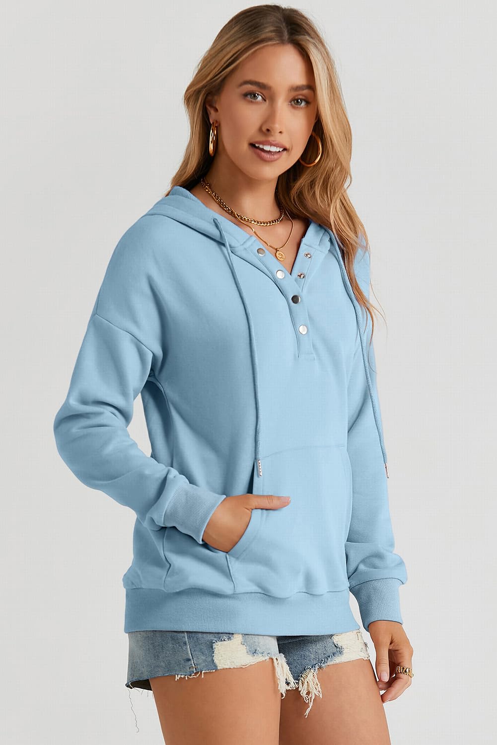 Dokotoo Hoodies for Women Button Collar Drawstring Sweatshirt Hooded Tops | Long Sleeve, Fleece Lined, Pullover Hoodie, Kangaroo Pocket, Fall Outfits Winter Clothes 2026, Casual Travel Workout Outdoor