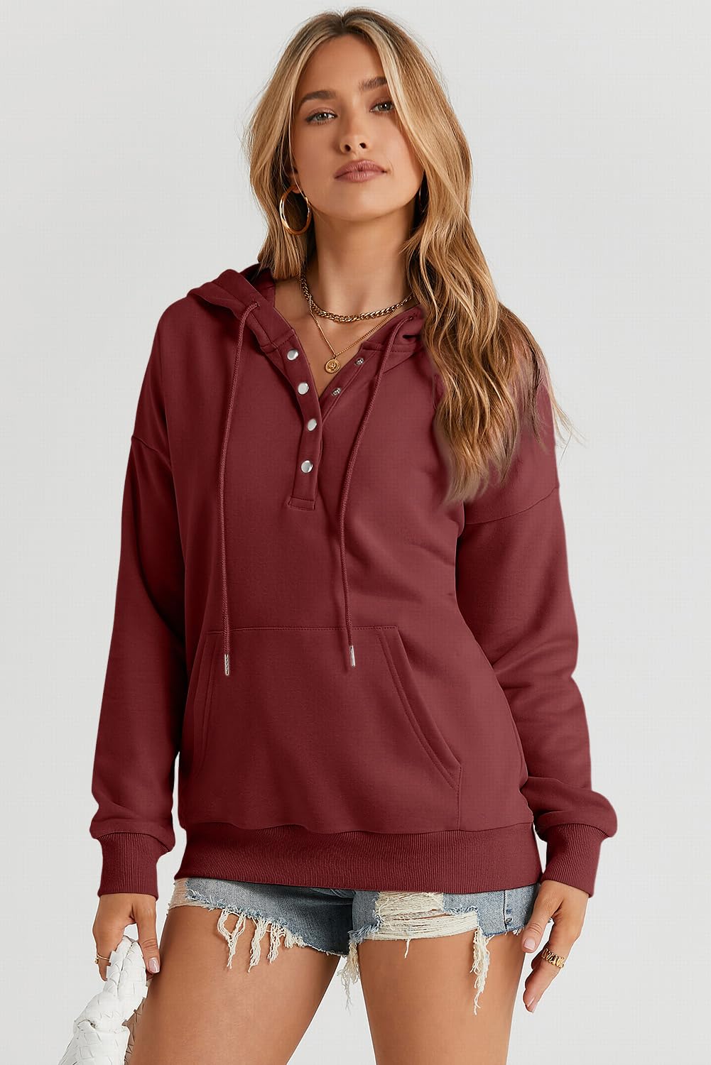 Dokotoo Hoodies for Women Button Collar Drawstring Sweatshirt Hooded Tops | Long Sleeve, Fleece Lined, Pullover Hoodie, Kangaroo Pocket, Fall Outfits Winter Clothes 2026, Casual Travel Workout Outdoor
