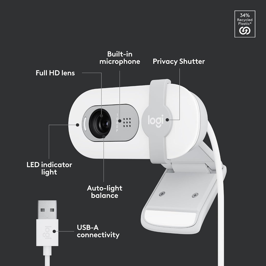 Logitech Brio 100 Full HD 1080p Webcam for Streaming and Meetings - White | 1080p with auto-light correction, built-in mic, privacy shutter, USB-A, compatible with Teams, Google Meet, Zoom and more