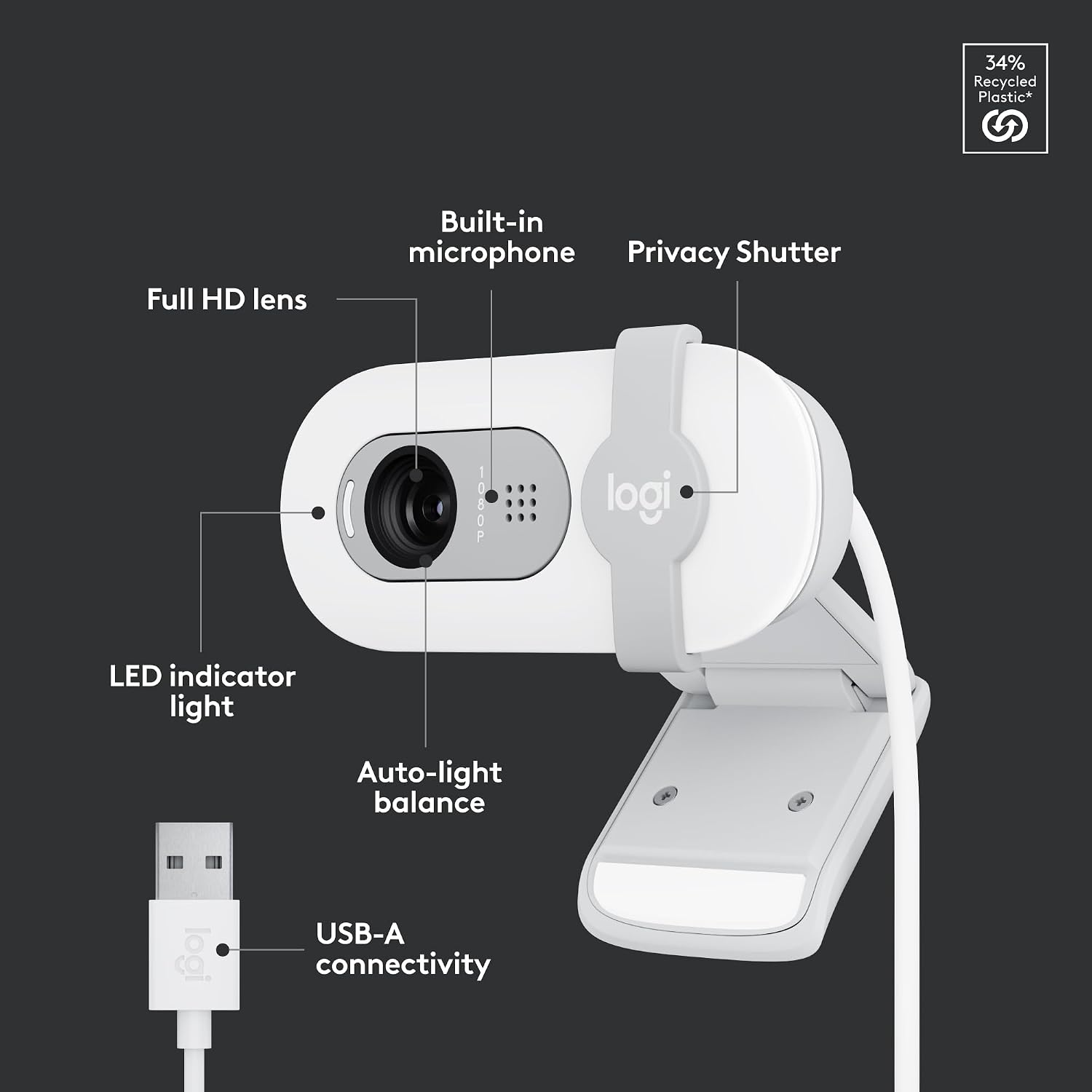 Logitech Brio 100 Full HD 1080p Webcam for Streaming and Meetings - White | 1080p with auto-light correction, built-in mic, privacy shutter, USB-A, compatible with Teams, Google Meet, Zoom and more
