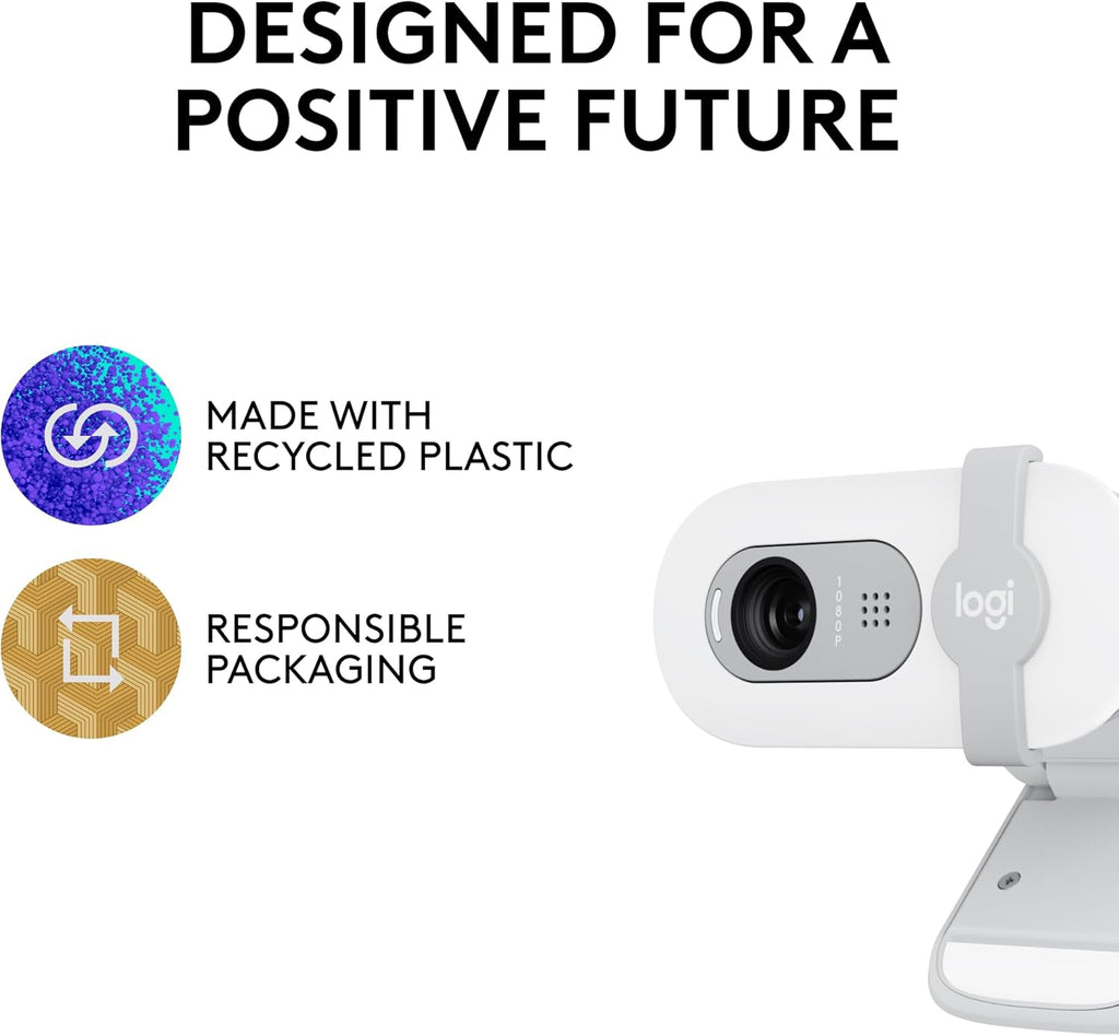 Logitech Brio 100 Full HD 1080p Webcam for Streaming and Meetings - White | 1080p with auto-light correction, built-in mic, privacy shutter, USB-A, compatible with Teams, Google Meet, Zoom and more