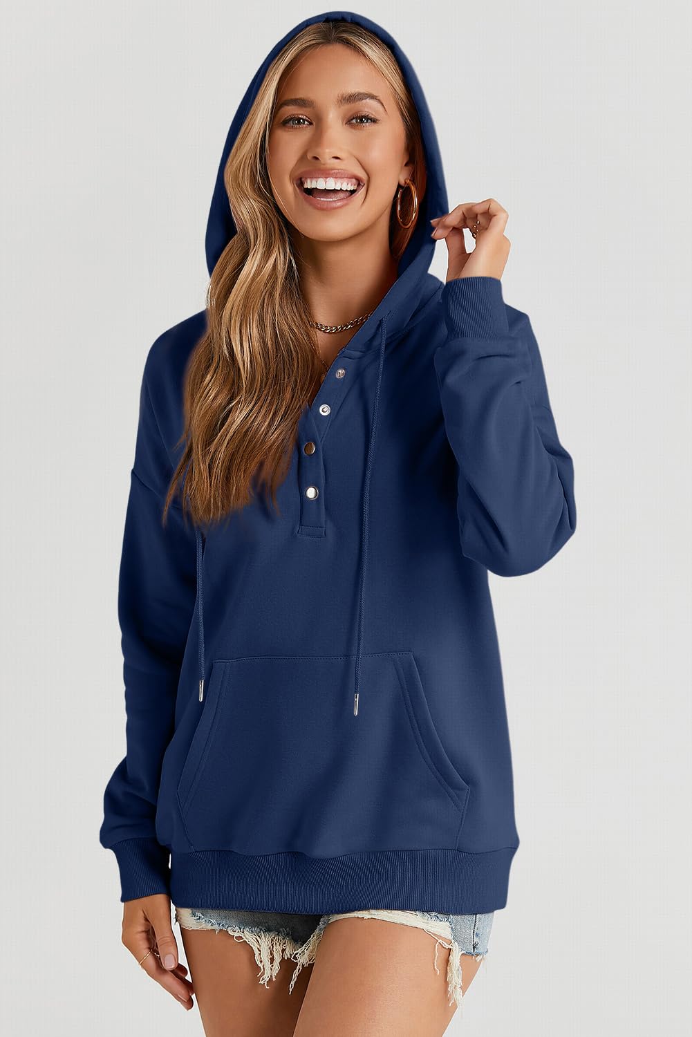 Dokotoo Hoodies for Women Button Collar Drawstring Sweatshirt Hooded Tops | Long Sleeve, Fleece Lined, Pullover Hoodie, Kangaroo Pocket, Fall Outfits Winter Clothes 2026, Casual Travel Workout Outdoor