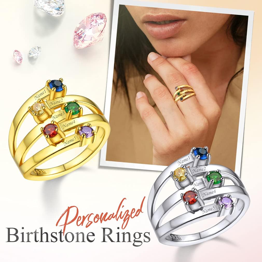 Custom4U Personalized Birthstone Rings for Women Promise Rings for Her | Sterling Silver Mothers Ring Customized Cubic Zirconia Wedding/Valentine's Day/Mother's Day Jewelry Gift for Mom Wife
