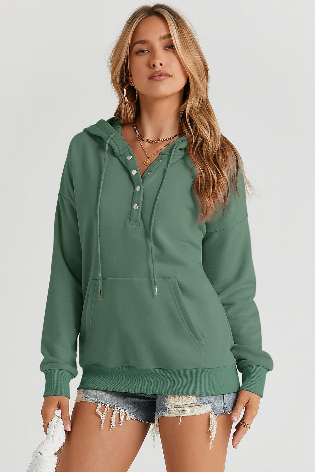 Dokotoo Hoodies for Women Button Collar Drawstring Sweatshirt Hooded Tops | Long Sleeve, Fleece Lined, Pullover Hoodie, Kangaroo Pocket, Fall Outfits Winter Clothes 2026, Casual Travel Workout Outdoor