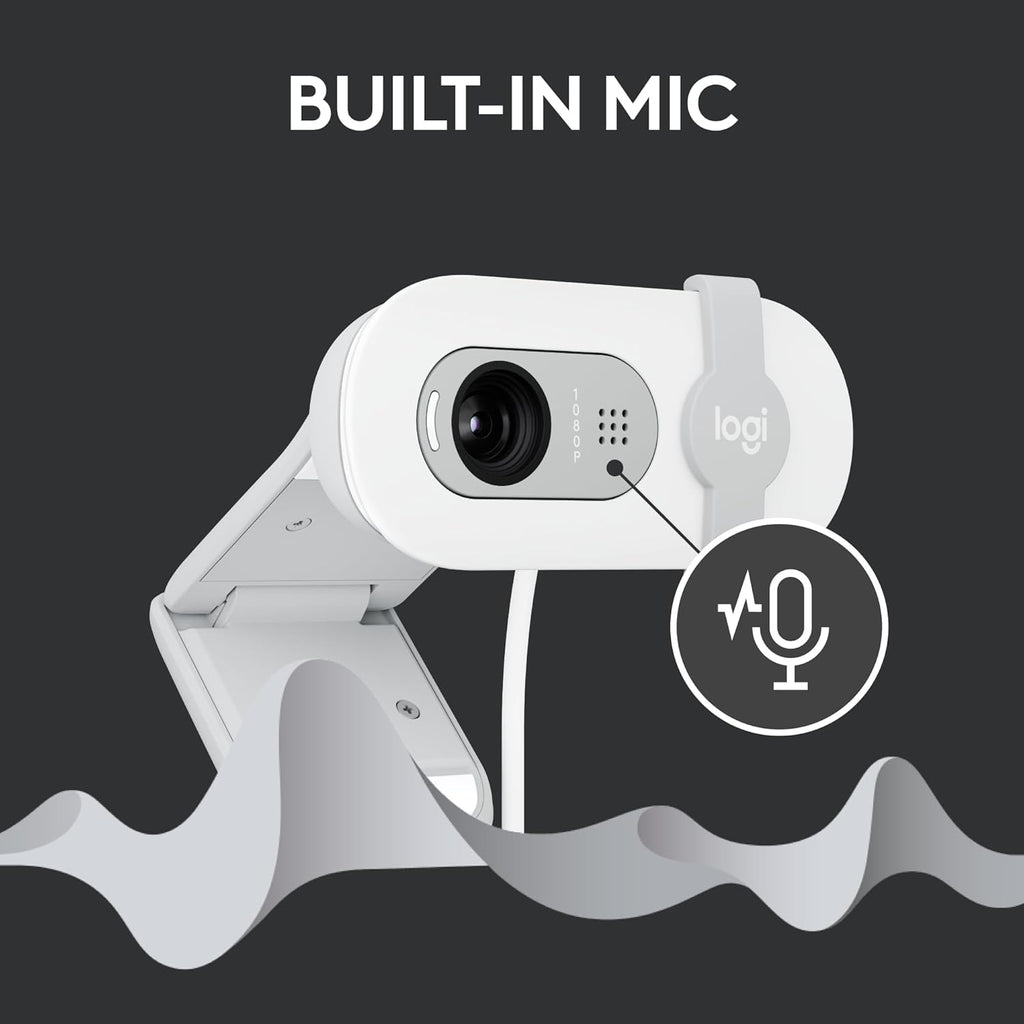 Logitech Brio 100 Full HD 1080p Webcam for Streaming and Meetings - White | 1080p with auto-light correction, built-in mic, privacy shutter, USB-A, compatible with Teams, Google Meet, Zoom and more