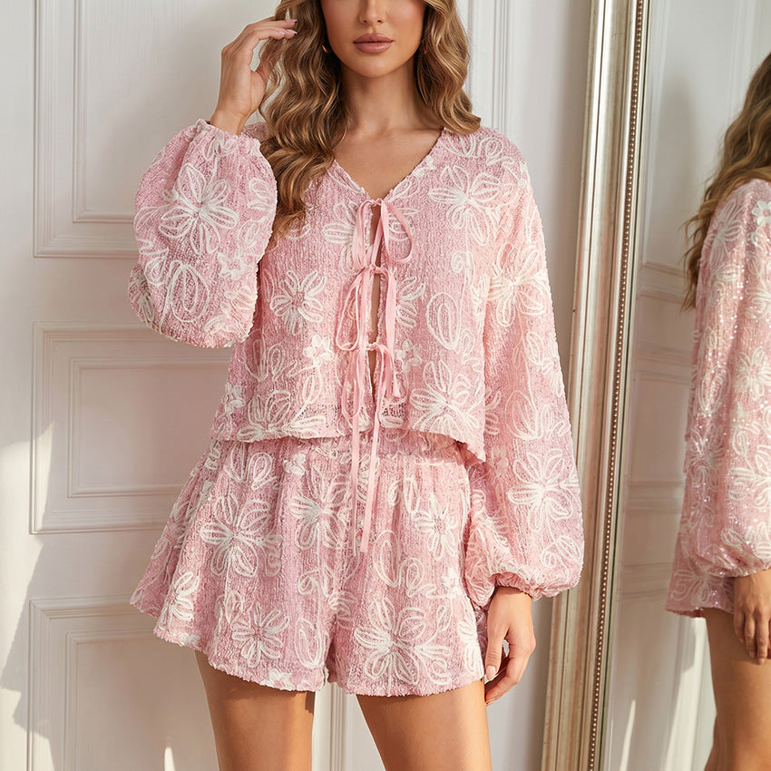 V-neck long sleeved lace up top and shorts two-piece set