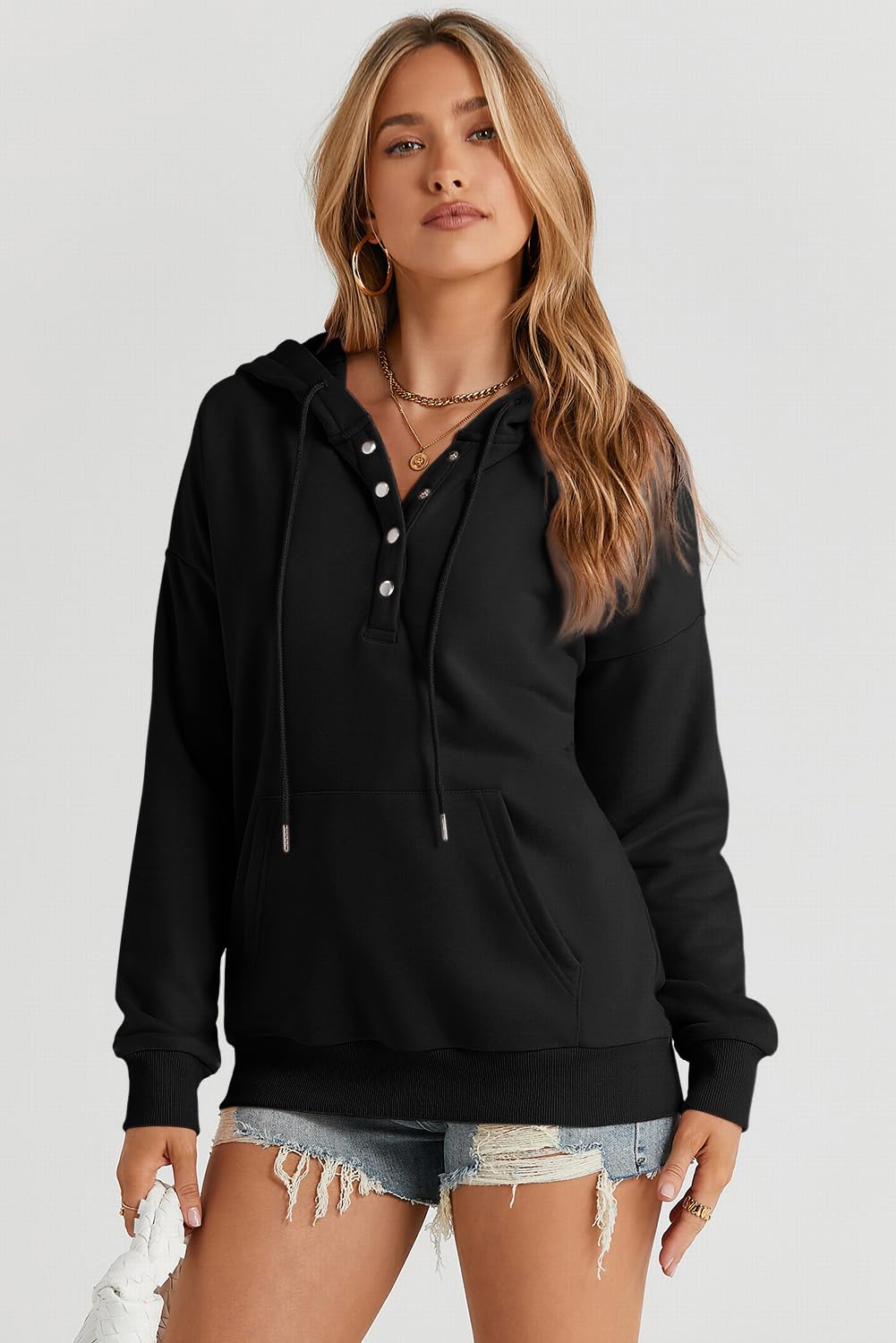 Dokotoo Hoodies for Women Button Collar Drawstring Sweatshirt Hooded Tops | Long Sleeve, Fleece Lined, Pullover Hoodie, Kangaroo Pocket, Fall Outfits Winter Clothes 2026, Casual Travel Workout Outdoor