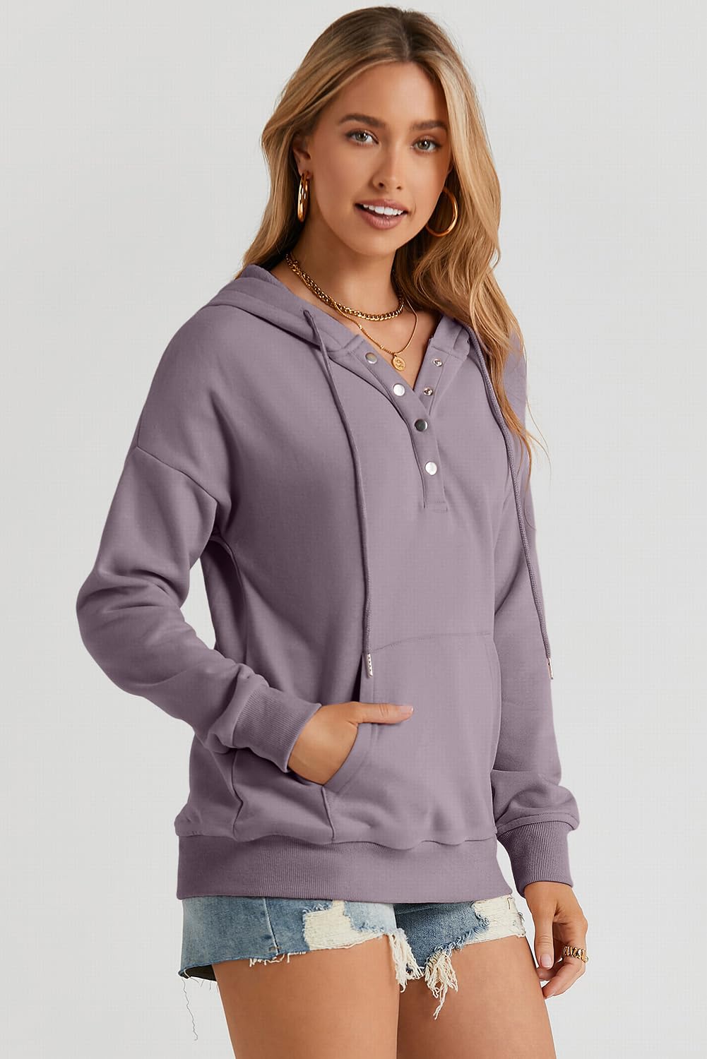 Dokotoo Hoodies for Women Button Collar Drawstring Sweatshirt Hooded Tops | Long Sleeve, Fleece Lined, Pullover Hoodie, Kangaroo Pocket, Fall Outfits Winter Clothes 2026, Casual Travel Workout Outdoor