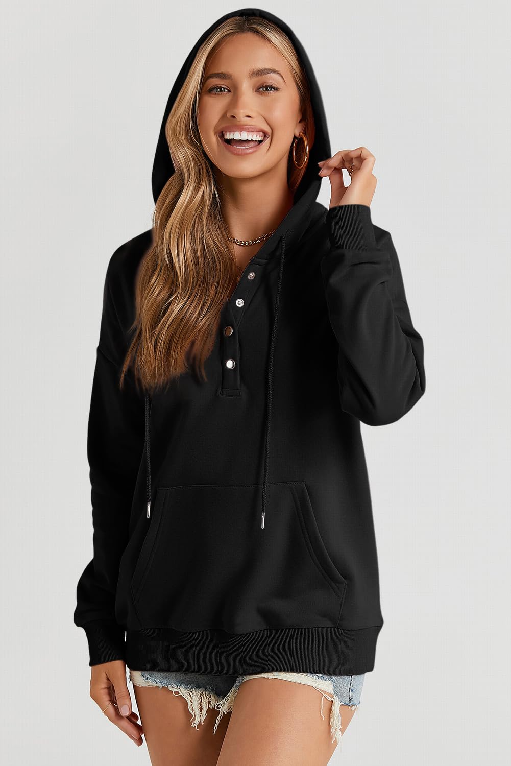 Dokotoo Hoodies for Women Button Collar Drawstring Sweatshirt Hooded Tops | Long Sleeve, Fleece Lined, Pullover Hoodie, Kangaroo Pocket, Fall Outfits Winter Clothes 2026, Casual Travel Workout Outdoor