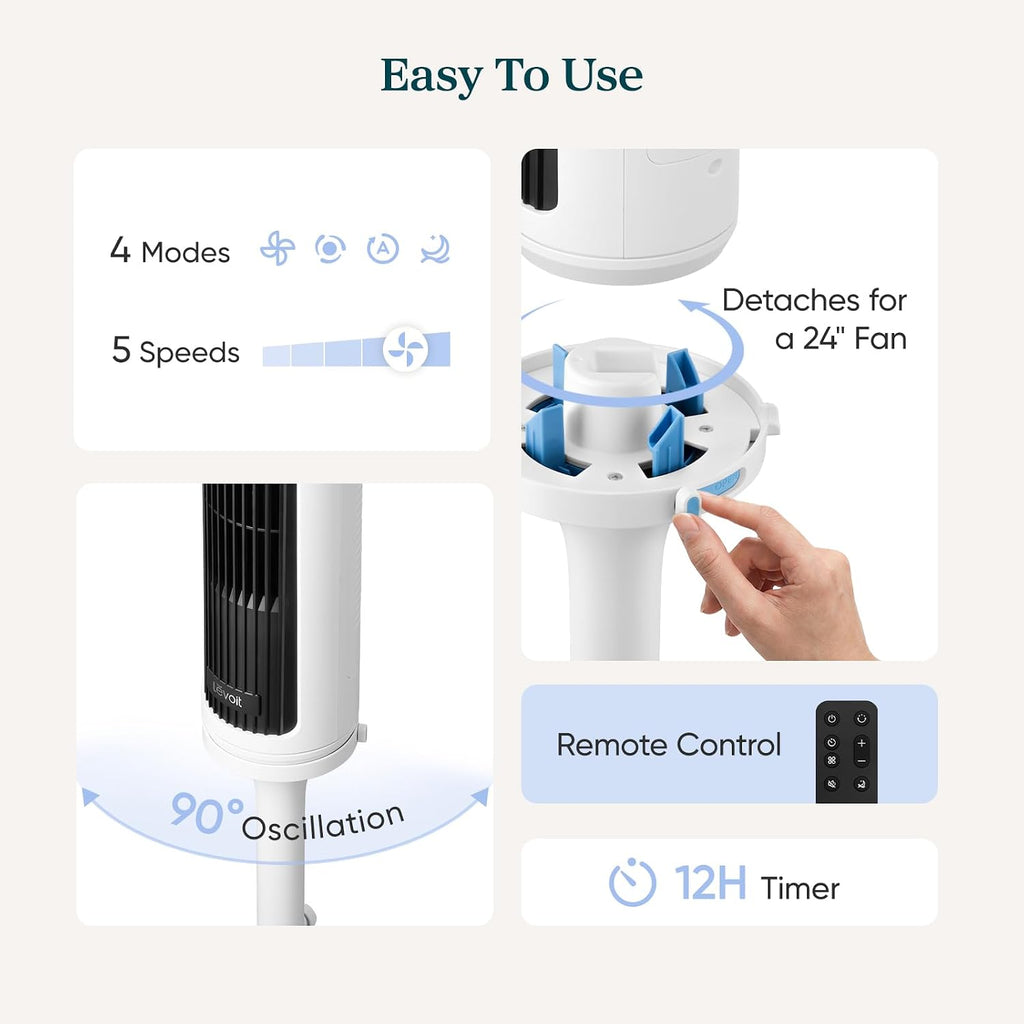 Levoit Tower Fan for Bedroom, 28ft/s Fans that Blow Cold Air, 28dB Quiet | Standing Floor Fan for Room, 90° Oscillating, 5 Speeds 4 Modes & Temp Sensor, Bladeless, 12H Timer, Remoter, 36 inch, White