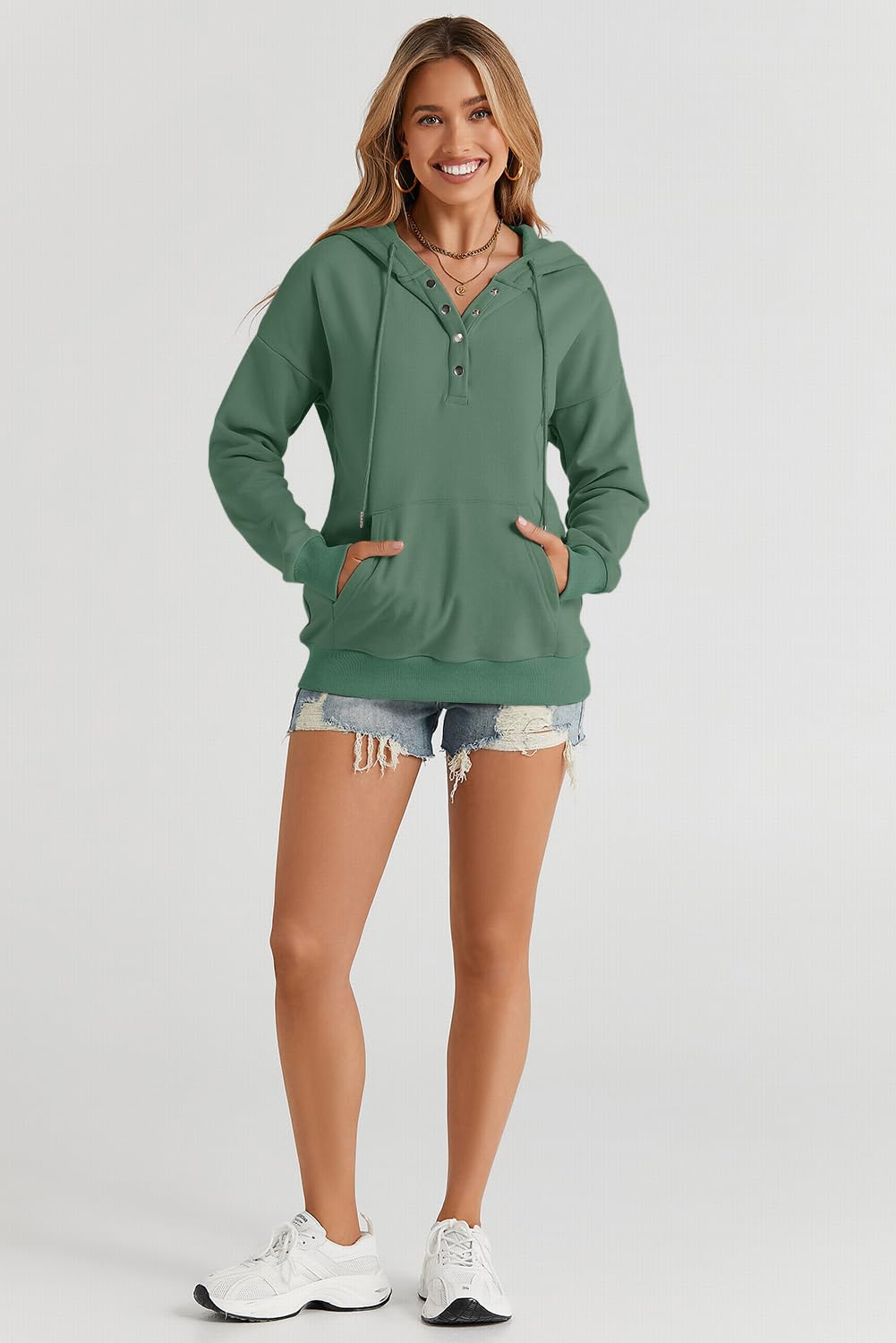 Dokotoo Hoodies for Women Button Collar Drawstring Sweatshirt Hooded Tops | Long Sleeve, Fleece Lined, Pullover Hoodie, Kangaroo Pocket, Fall Outfits Winter Clothes 2026, Casual Travel Workout Outdoor