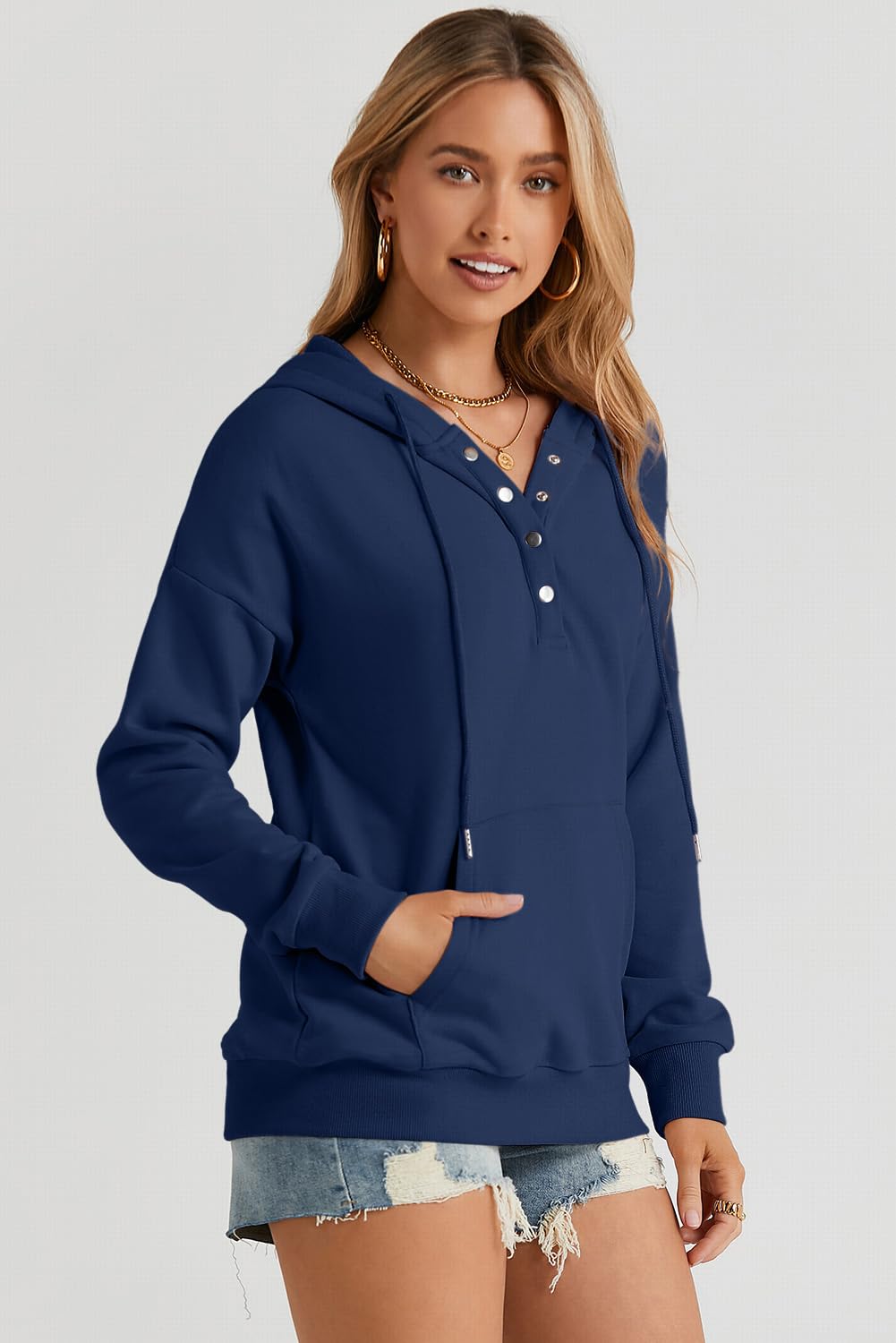 Dokotoo Hoodies for Women Button Collar Drawstring Sweatshirt Hooded Tops | Long Sleeve, Fleece Lined, Pullover Hoodie, Kangaroo Pocket, Fall Outfits Winter Clothes 2026, Casual Travel Workout Outdoor