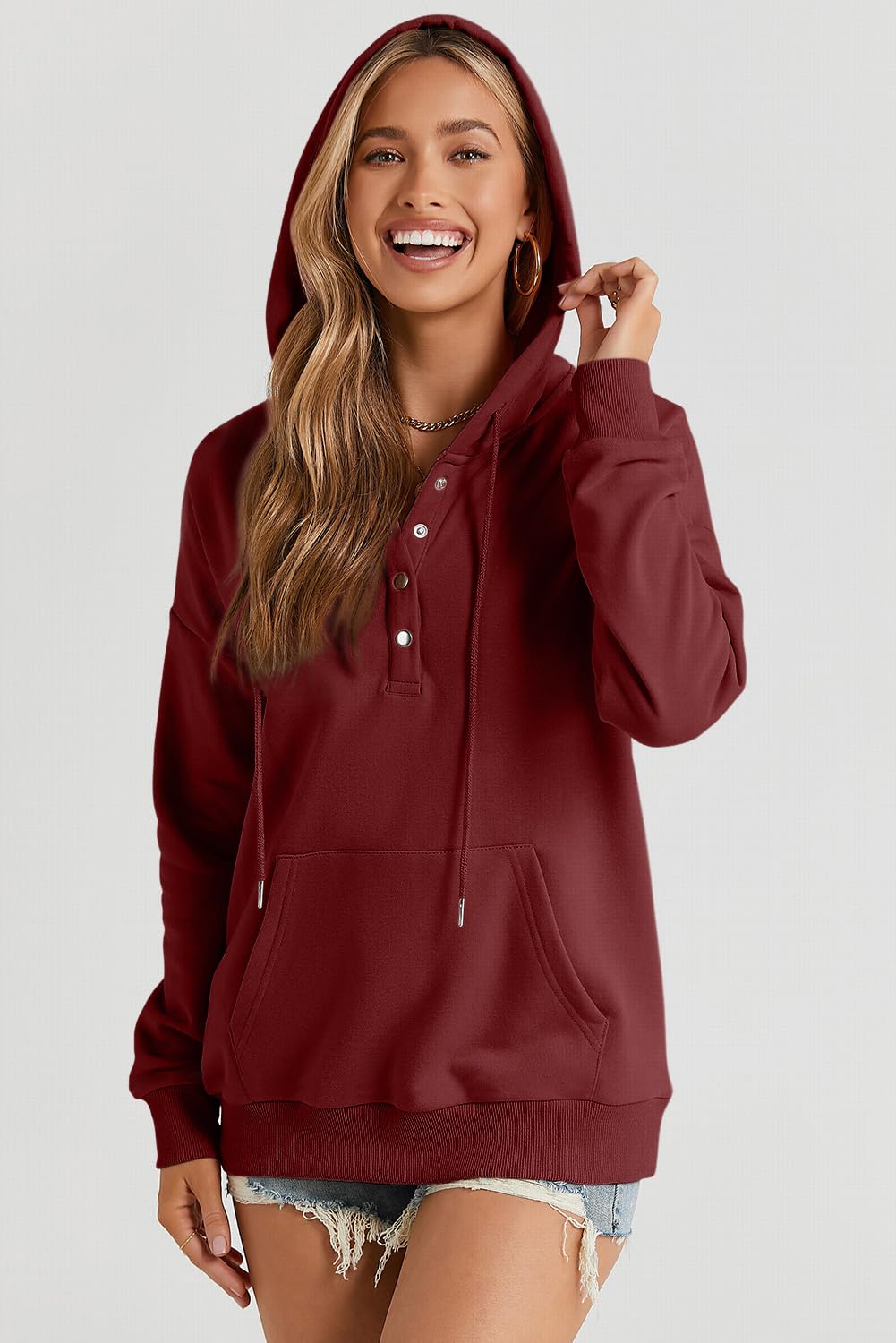 Dokotoo Hoodies for Women Button Collar Drawstring Sweatshirt Hooded Tops | Long Sleeve, Fleece Lined, Pullover Hoodie, Kangaroo Pocket, Fall Outfits Winter Clothes 2026, Casual Travel Workout Outdoor