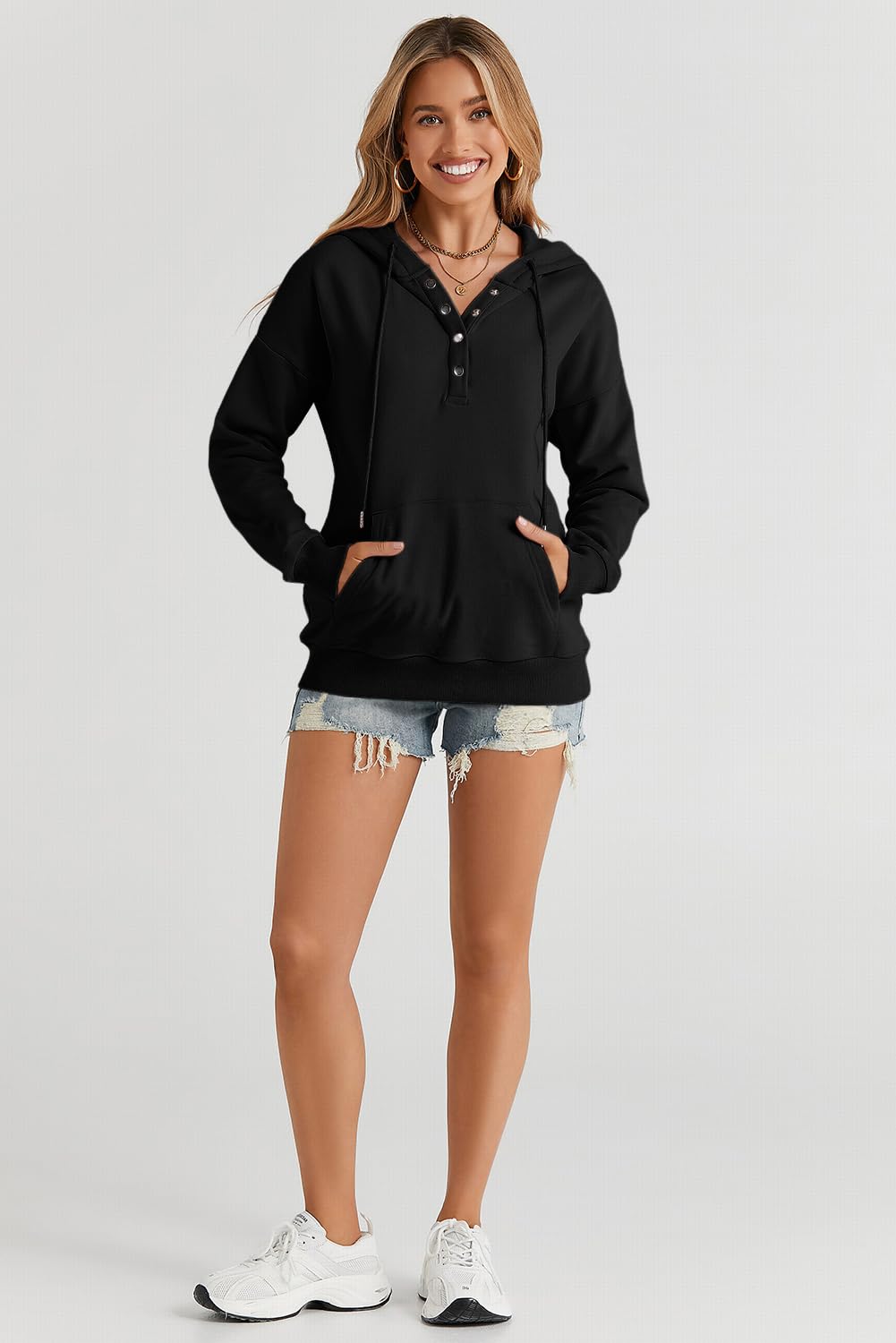Dokotoo Hoodies for Women Button Collar Drawstring Sweatshirt Hooded Tops | Long Sleeve, Fleece Lined, Pullover Hoodie, Kangaroo Pocket, Fall Outfits Winter Clothes 2026, Casual Travel Workout Outdoor