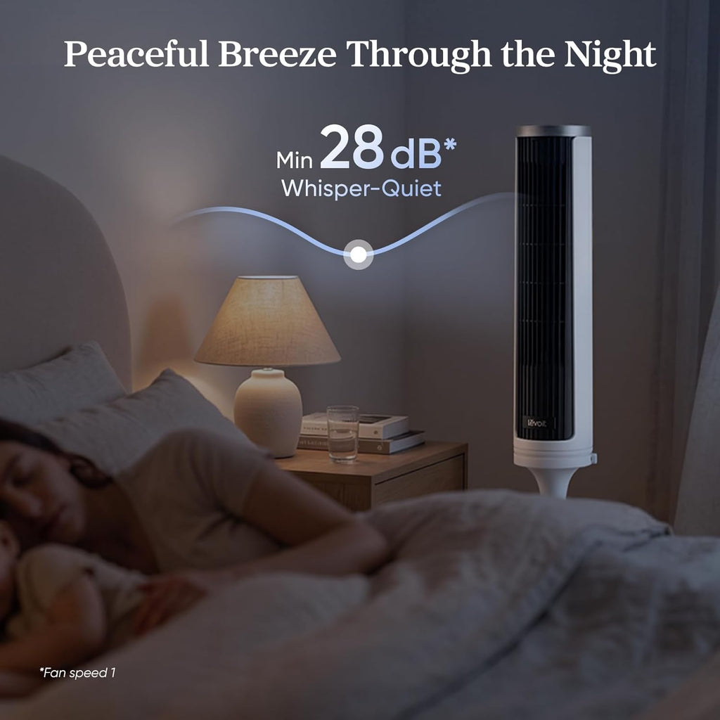 Levoit Tower Fan for Bedroom, 28ft/s Fans that Blow Cold Air, 28dB Quiet | Standing Floor Fan for Room, 90° Oscillating, 5 Speeds 4 Modes & Temp Sensor, Bladeless, 12H Timer, Remoter, 36 inch, White