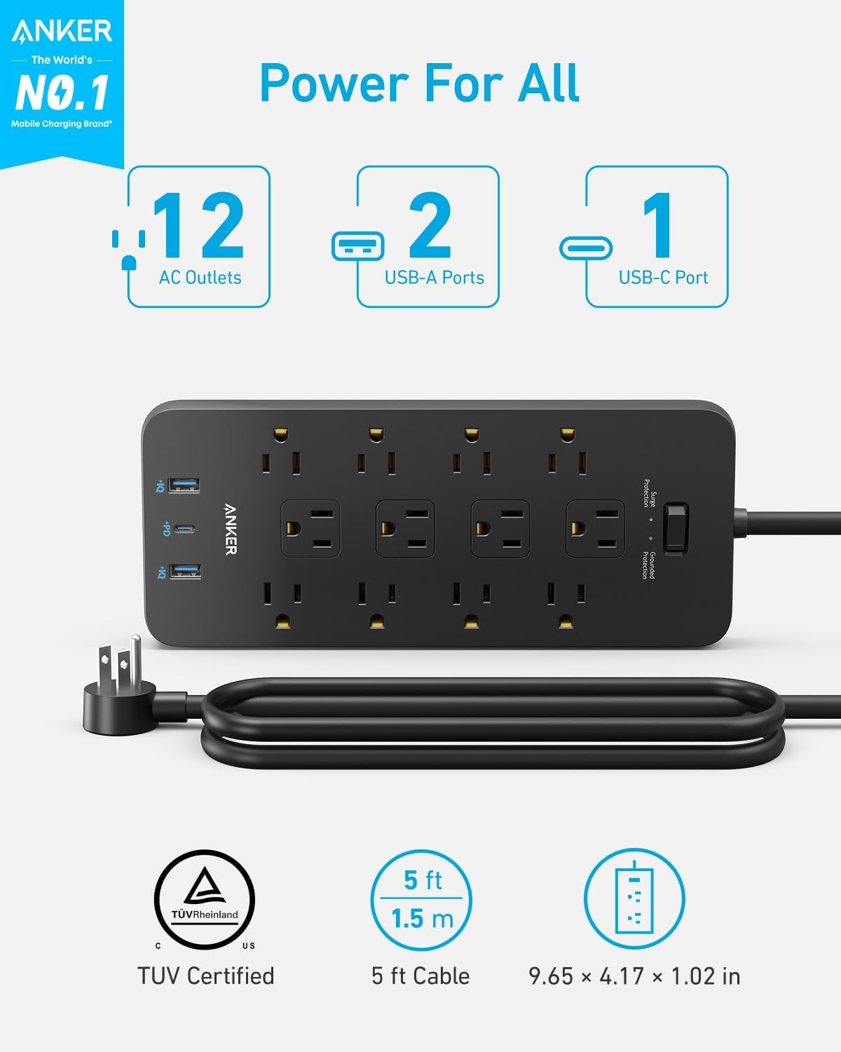 Anker Power Strip with 2100J Surge Protector, Outlet Extender, 20W, 12 AC | 5ft Extension Cord with Multiple Outlets, 1 USB C, 2 USB A, Home Office, Dorm Room Essentials, TUV Listed