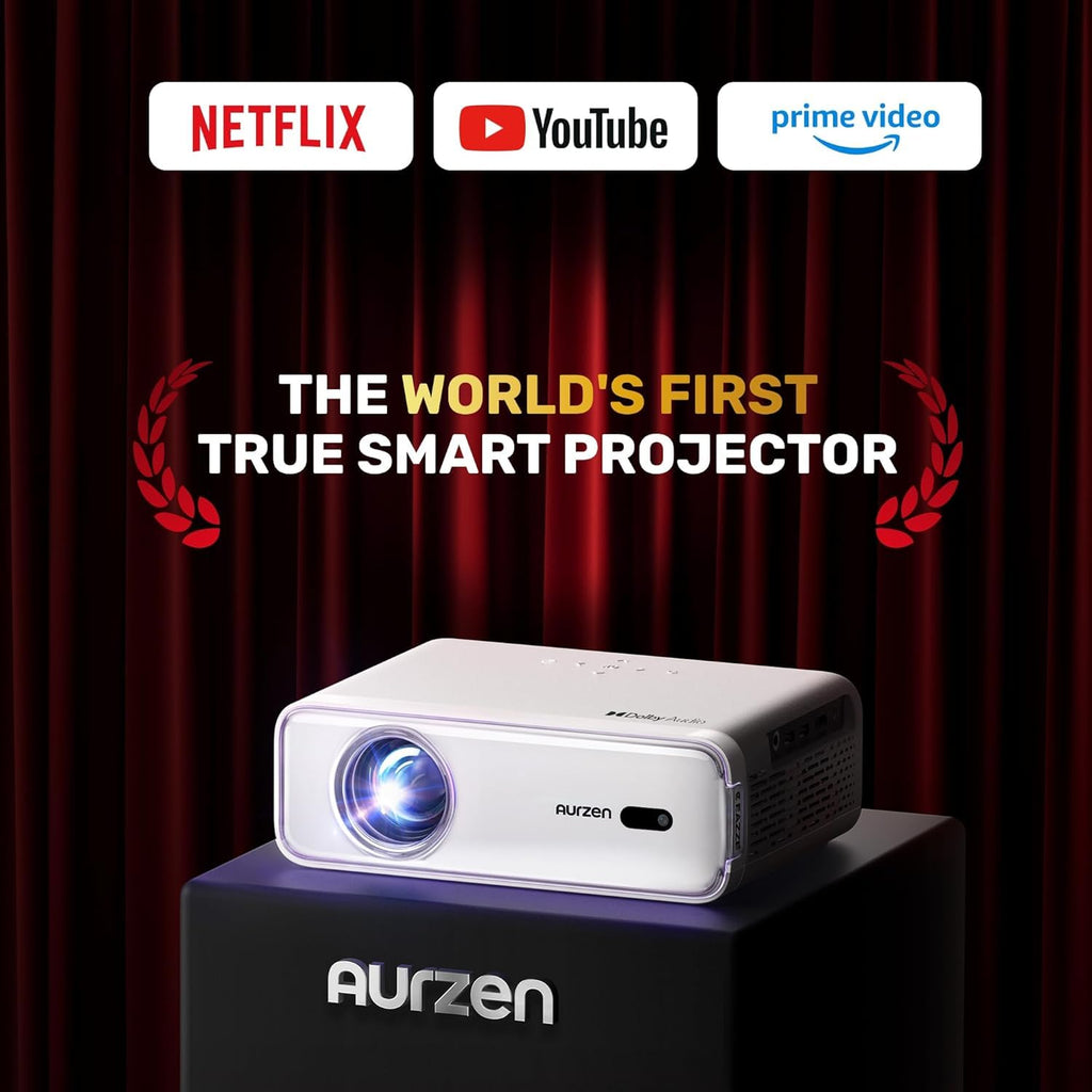 Aurzen Roku TV D1R Smart Portable Outdoor Projector with WiFi and Bluetooth | Roku TV Built-in, All Top Apps, 1080P FHD, DoIby Audio, Auto Focus & Keystone, Zoom, Mini Projector for Home & Outdoor Movies