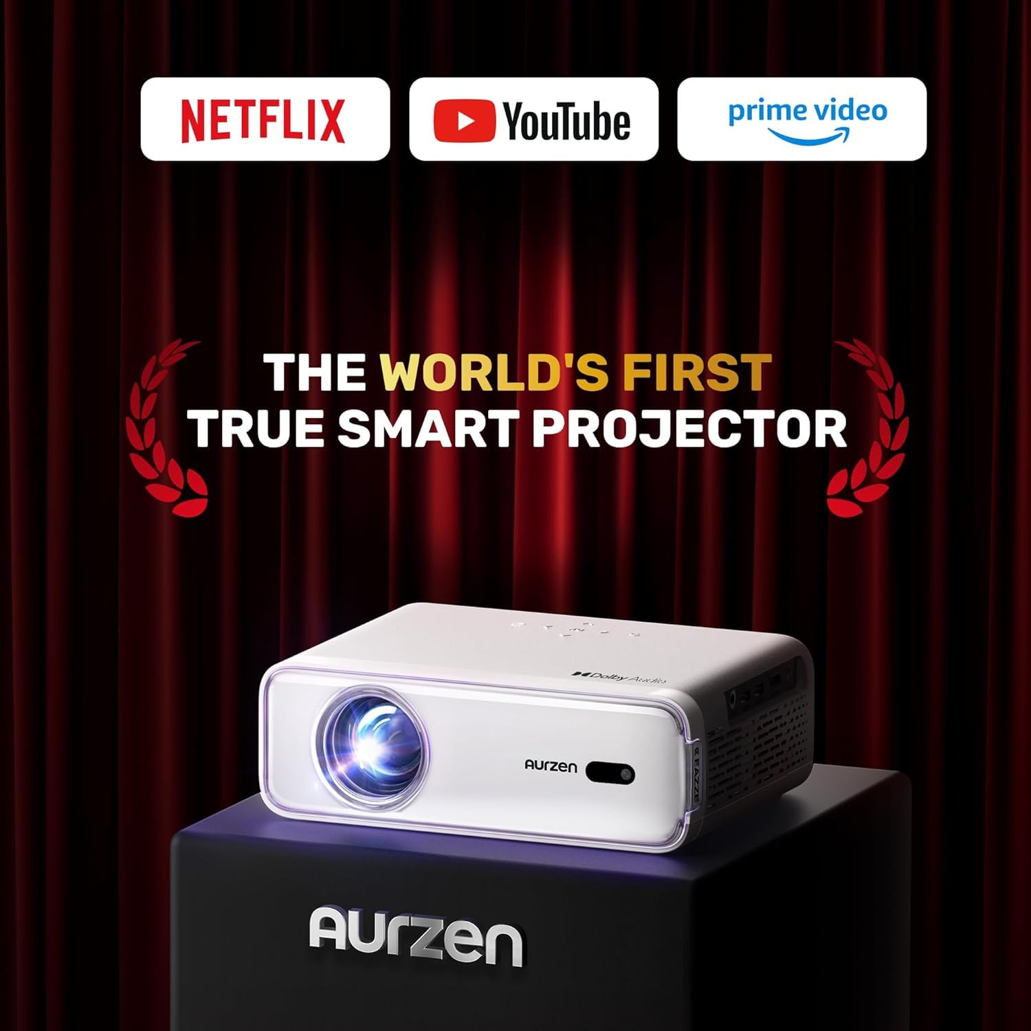 Aurzen Roku TV D1R Smart Portable Outdoor Projector with WiFi and Bluetooth | Roku TV Built-in, All Top Apps, 1080P FHD, DoIby Audio, Auto Focus & Keystone, Zoom, Mini Projector for Home & Outdoor Movies
