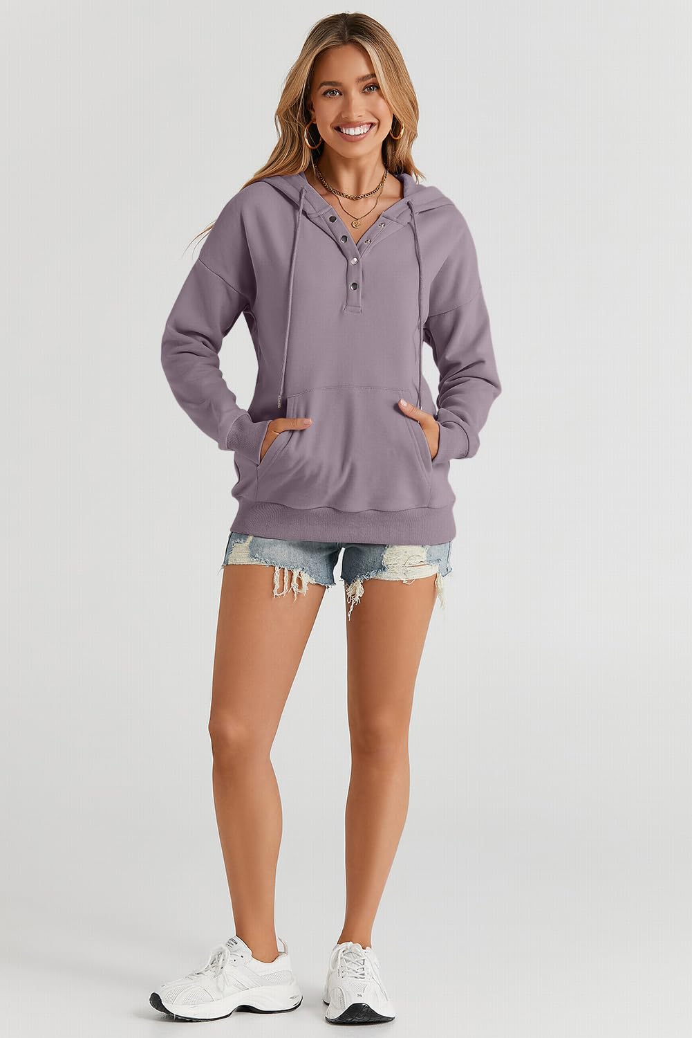 Dokotoo Hoodies for Women Button Collar Drawstring Sweatshirt Hooded Tops | Long Sleeve, Fleece Lined, Pullover Hoodie, Kangaroo Pocket, Fall Outfits Winter Clothes 2026, Casual Travel Workout Outdoor