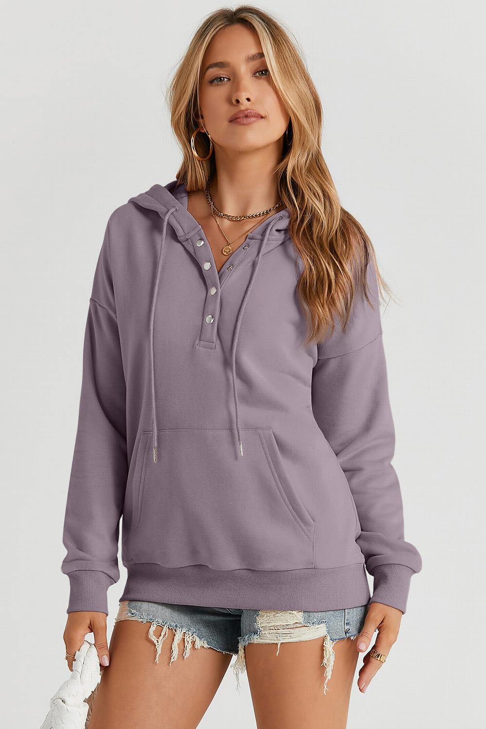 Dokotoo Hoodies for Women Button Collar Drawstring Sweatshirt Hooded Tops | Long Sleeve, Fleece Lined, Pullover Hoodie, Kangaroo Pocket, Fall Outfits Winter Clothes 2026, Casual Travel Workout Outdoor