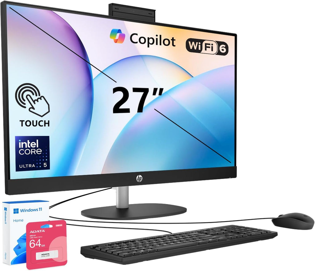 HP 27" FHD Touchscreen All-in-One Desktop, Intel Core Ultra 5 225U(12-core), 32GB DDR5 RAM, 2TB SSD, Windows 11 Home, Next-Gen AI PC Computer with Wired Keyboard & Mouse, Black, w/ 64GB Flash Drive