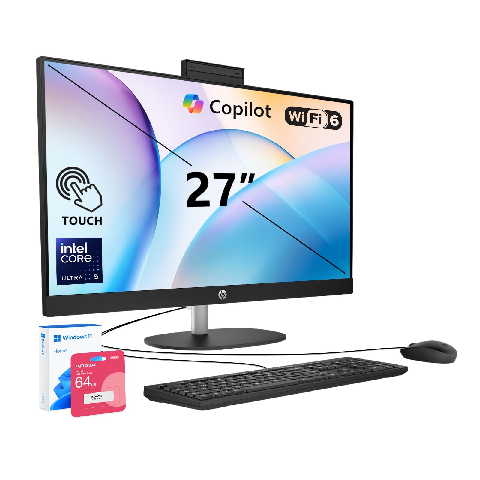 HP 27" FHD Touchscreen All-in-One Desktop, Intel Core Ultra 5 225U(12-core), 32GB DDR5 RAM, 2TB SSD, Windows 11 Home, Next-Gen AI PC Computer with Wired Keyboard & Mouse, Black, w/ 64GB Flash Drive