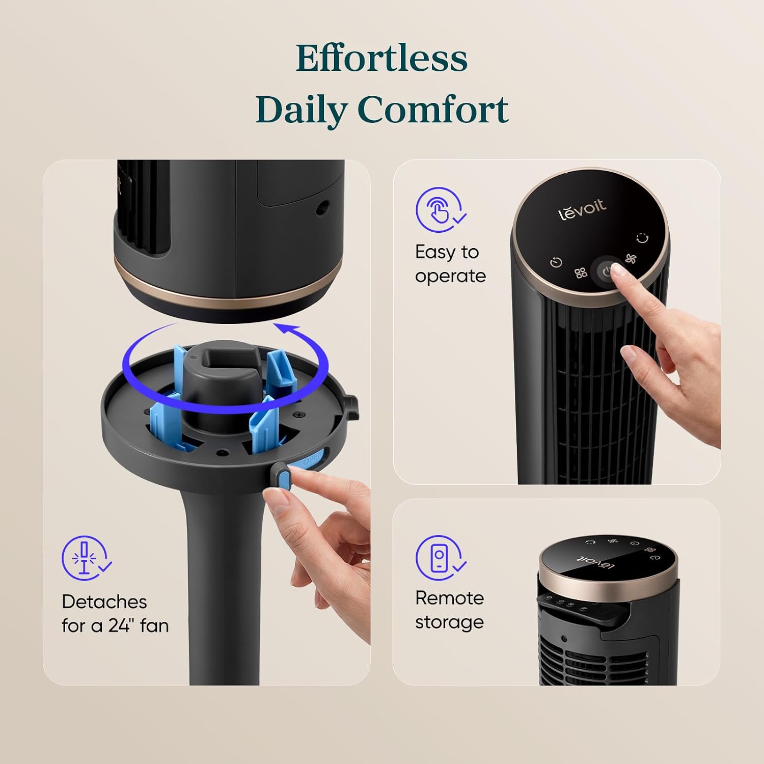 Levoit Tower Fan for Bedroom, 28ft/s Fans that Blow Cold Air, 28dB Quiet | Standing Floor Fan for Room, 90° Oscillating, 5 Speeds 4 Modes & Temp Sensor, Bladeless, 12H Timer, Remoter, 36 inch, White