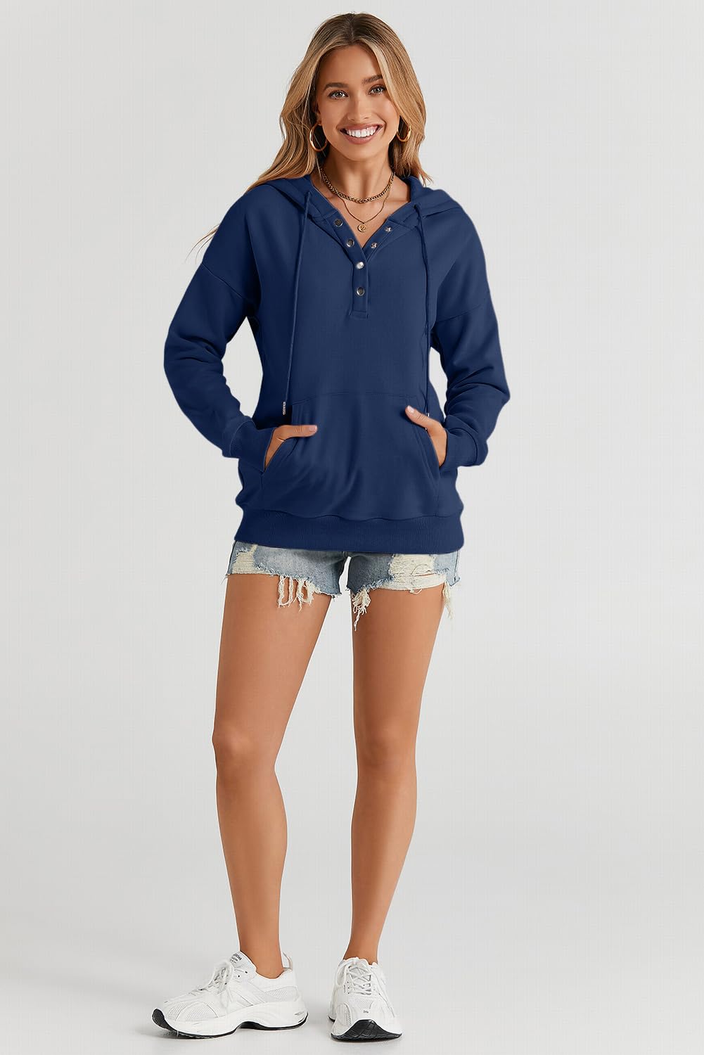 Dokotoo Hoodies for Women Button Collar Drawstring Sweatshirt Hooded Tops | Long Sleeve, Fleece Lined, Pullover Hoodie, Kangaroo Pocket, Fall Outfits Winter Clothes 2026, Casual Travel Workout Outdoor