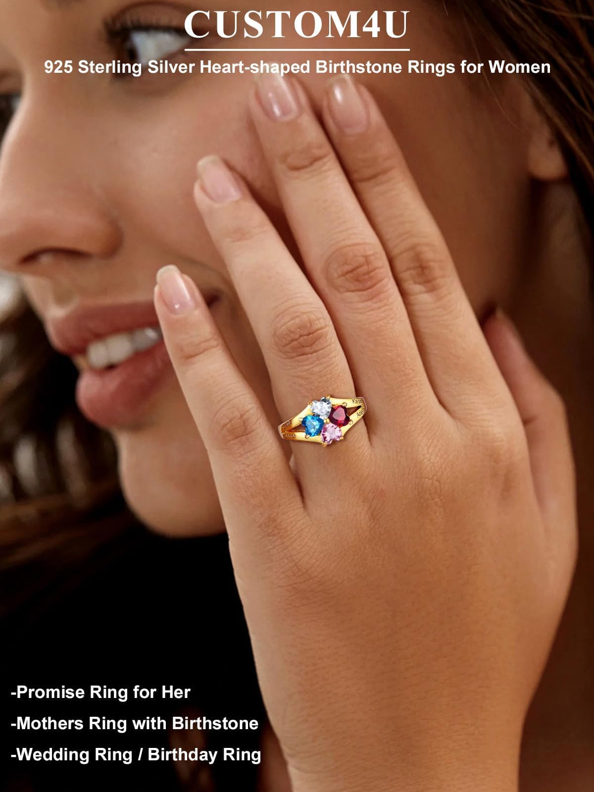 Custom4U Personalized Birthstone Rings for Women Promise Rings for Her | Sterling Silver Mothers Ring Customized Cubic Zirconia Wedding/Valentine's Day/Mother's Day Jewelry Gift for Mom Wife