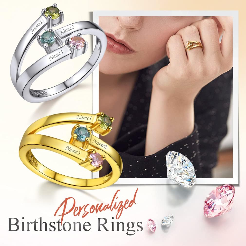Custom4U Personalized Birthstone Rings for Women Promise Rings for Her | Sterling Silver Mothers Ring Customized Cubic Zirconia Wedding/Valentine's Day/Mother's Day Jewelry Gift for Mom Wife