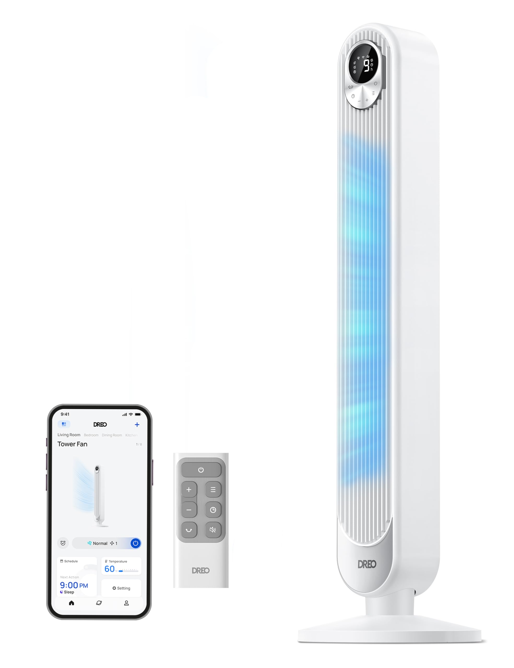 DREO Tower Fan for Bedroom, 28ft/s Velocity, 20dB Ultra Quiet, 8 Speeds | 2026 Upgraded DC Motor, 90° Oscillating, 4 Modes Standing Fan, Bladeless Fan for Indoors, Floor Fans with Remote, Black